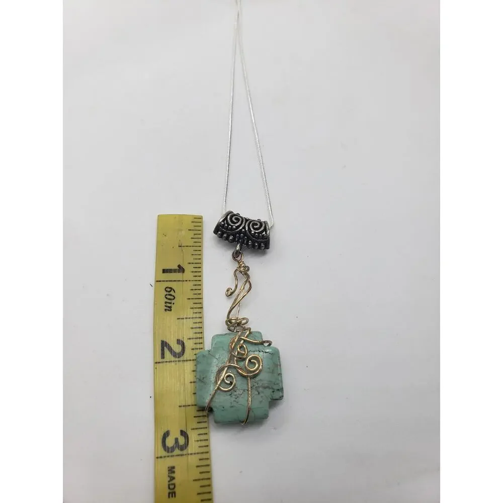 Artisan Wire Wrapped Chrysoprase Cross Pendant Necklace Silver tone Snake Chain